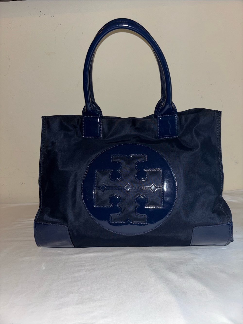 Tory Burch large Ella navy tote (patent & nylon) please see photos